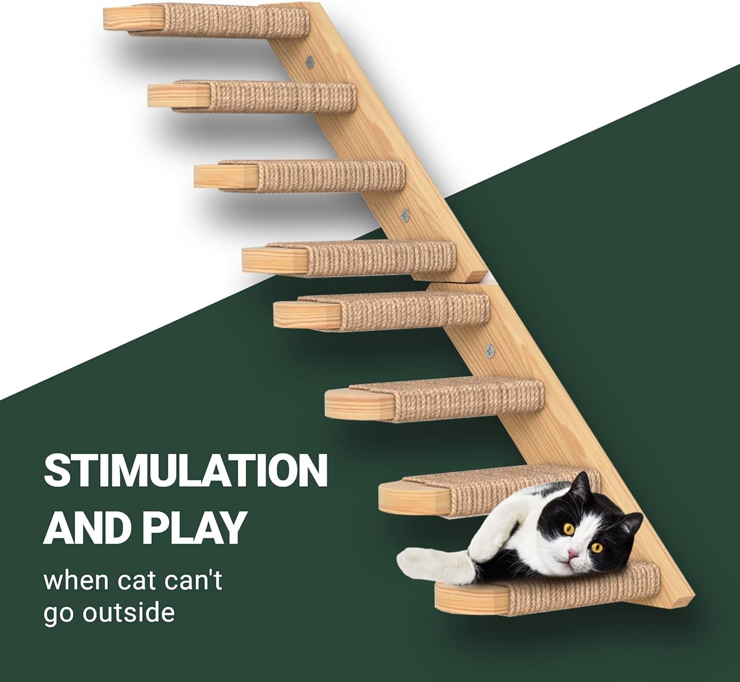 Cat Wall Steps - Solid Rubber Wood Cat Stairs Great for Scratching and Climbing - Easy to Install Wall Mounted Shelves for Playful Cats (Wood, Right-Left)