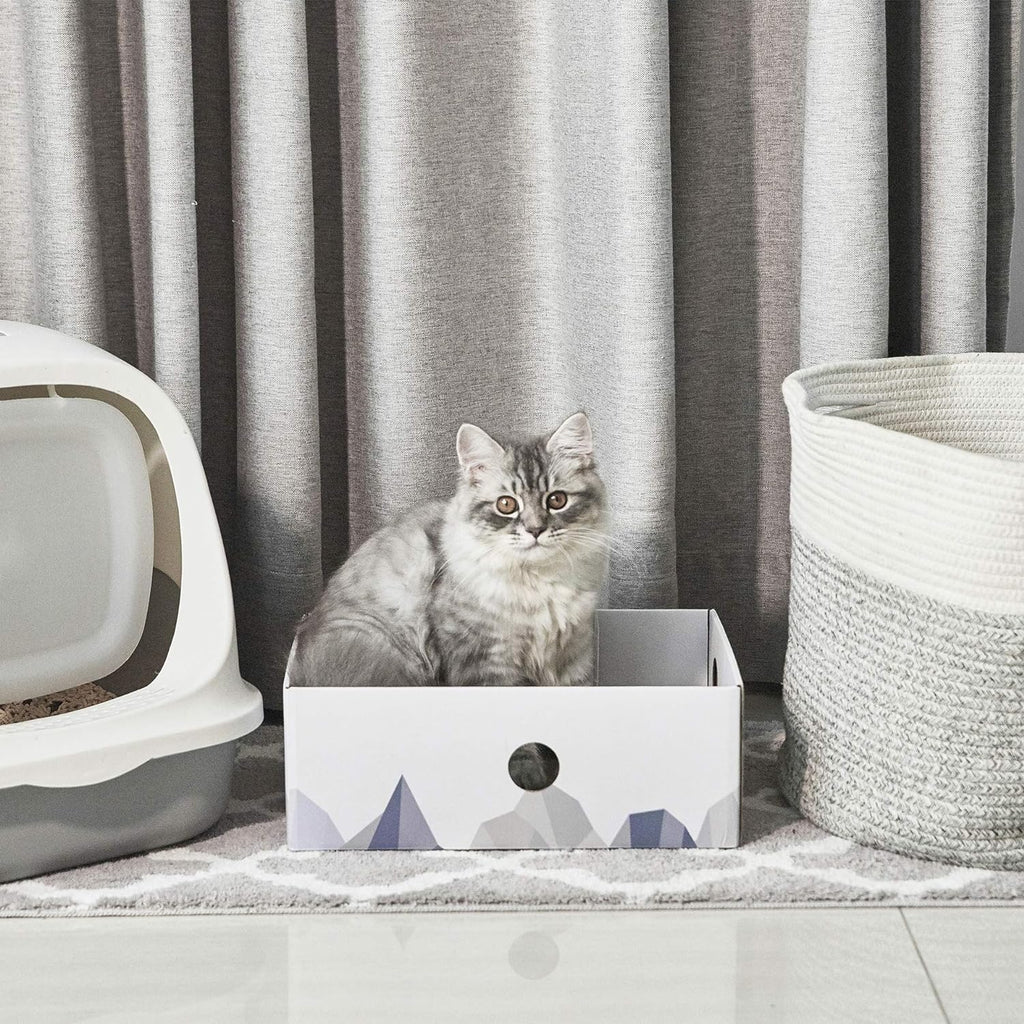 Cat Scratcher Box with Heavy-Duty Double-Sided Cardboard Pad, Cardboard Lounger, Interactive Hole Design, Cat Bed for Indoor Cats, White, Large