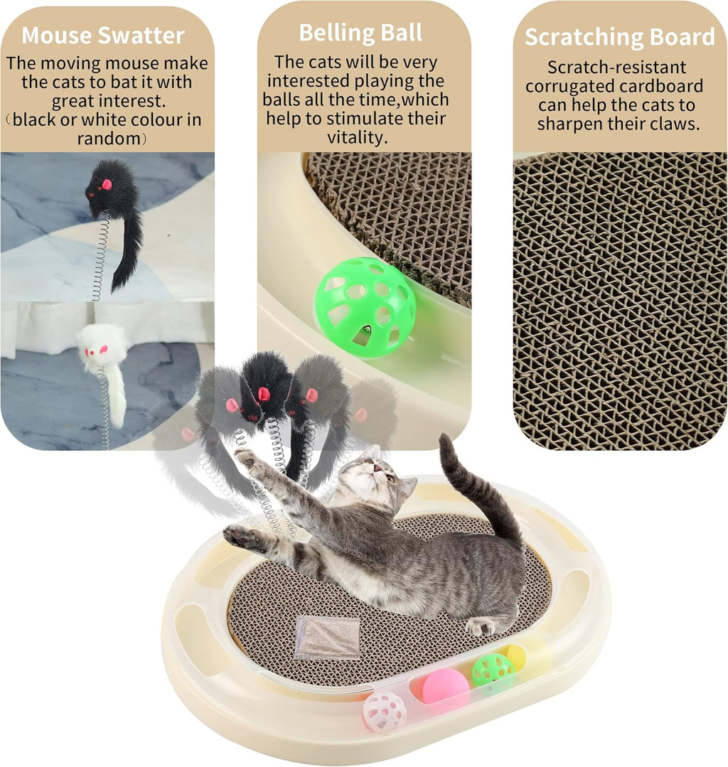 Cat Scratcher with Track,Cat Scratch Board with Catnip and Spring Mice,Cardboard Cat Scratcher with Rolling Ball,Interactive Cat Toy