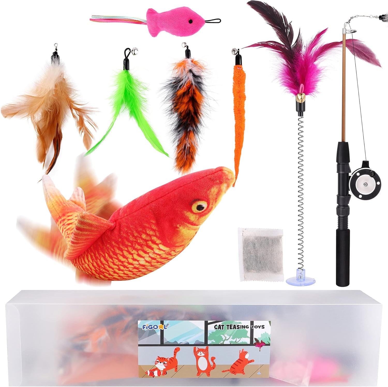 Cat Toy with Moving Fish and Sea Pole (Orange) Realistic Moving Fish Flopping Interactive Wiggle Moving Cat Kicker Fish Toy with Plush Interactive Cat Toys, Fun Toy for Cat Exercise